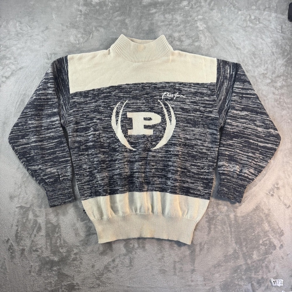 Vintage Phat Farm Sweater Mens Large Gray Mock Neck Logo Knit Pullover Striped